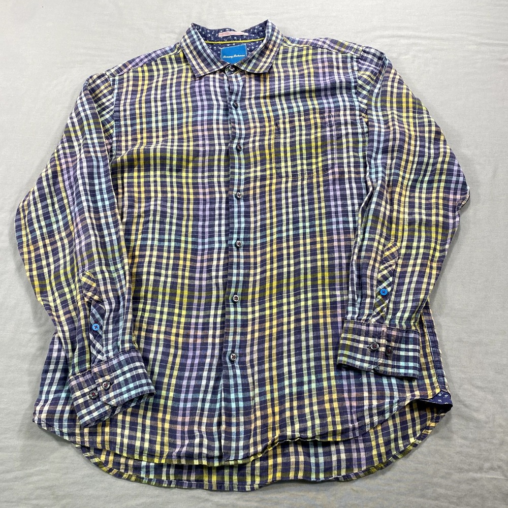 Tommy Bahama‎ Shirt Mens Large Blue Yellow Plaid Linen Button Up Beach Preppy